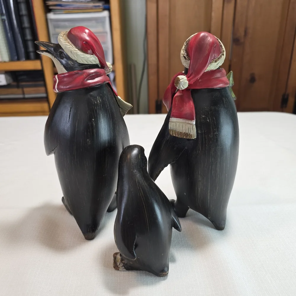 Festive Penguin Figurines with Red Scarves EUC Set Of 3